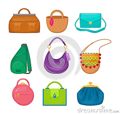 Lady accessories bag clutch, hobo, tablet, hippie, sling bag, sports, Vector Illustration