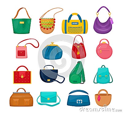 Lady accessories bag clutch, hobo, tablet, hippie, sling bag, sports Vector Illustration