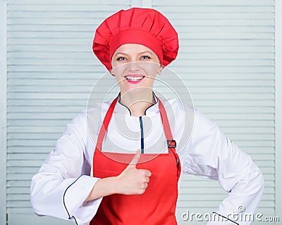 Lady adorable chef teach culinary arts. Best culinary recipes to try at home. Improve culinary skill. Welcome to my Stock Photo