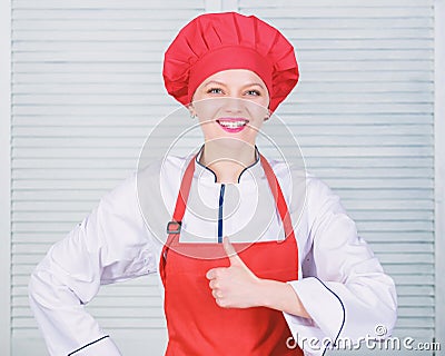 Lady adorable chef teach culinary arts. Best culinary recipes to try at home. Improve culinary skill. Welcome to my Stock Photo