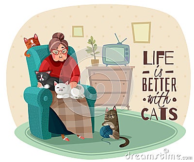 Lady In Armchair Cats Illustration Vector Illustration