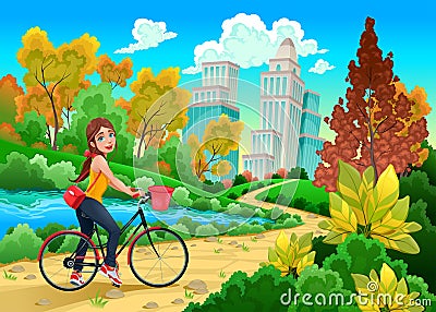 Lady on a bike in a urban park Vector Illustration