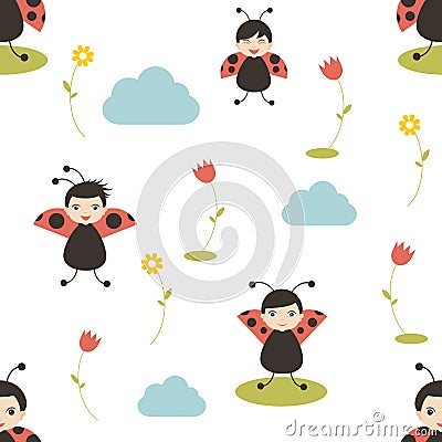 Lady bird cartoon seamless pattern. Baby, kid, child design. White background. Vector Illustration