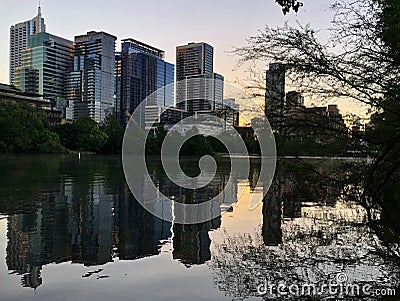 Lady Bird Lake Sunset View of Austin Downtown Skyline Modern Buildings Editorial Stock Photo