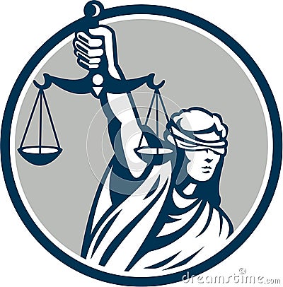 Lady Blindfolded Holding Scales Justice Front Retro Vector Illustration