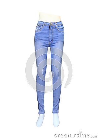 Lady blue jeans wear in the puppet isolated on white background. Stock Photo