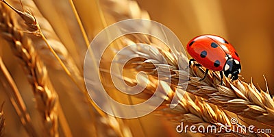 A lady bug eating aphids on a ripe wheat ear in a feld of ripe wheat Stock Photo