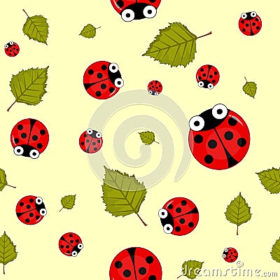 Seamless pattern with red ladybugs and green leaves Vector Illustration