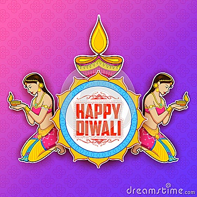 Lady burning diya on Happy Diwal Holiday background for light festival of India Vector Illustration