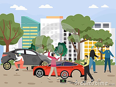 Lady calling emergency roadside assistance, car mechanic changing tyre, flat vector illustration. Insurance accident. Cartoon Illustration