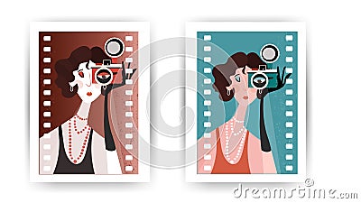 Lady with camera in her hand in retro style. Vintage postcard with flapper woman portrait in art deco. Elegance glamour Vector Illustration