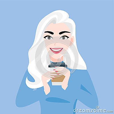 Lady cartoon character in autumn and winter clothes with cup of coffee in hands vector illustration Vector Illustration