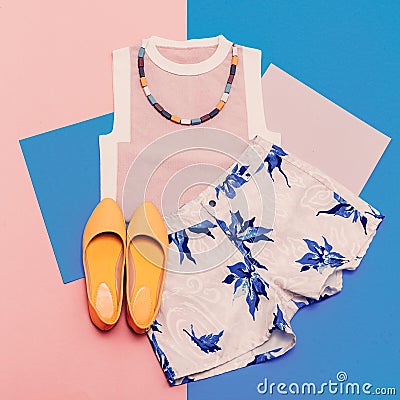 Lady clothing set. Vanilla summer style. Stock Photo