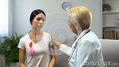 Lady consulting with mammologist, finding tumor in breast, cancer prevention Stock Photo