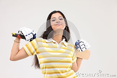 Lady with the cricket bat Stock Photo