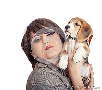 Lady with cute beagle puppy Stock Photo