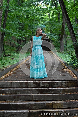 Lady in a dark mystical haunted forest. Forest Fairy Stock Photo