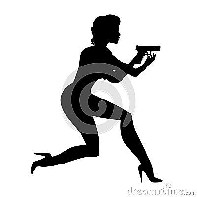 Lady decided running with a gun. Silhouette Woman, girl illustration of spy. Person a shoot of young armed Vector Illustration