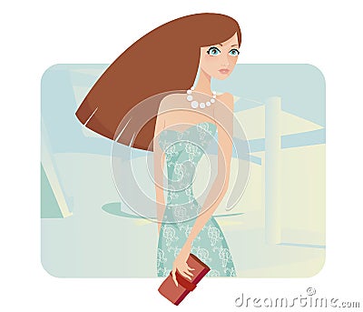 Lady in evening dress holding clutch. Vector Illustration