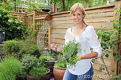 Lady gardener in the garden.. Stock Photo