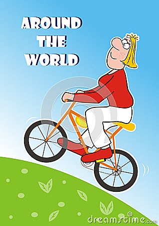 Lady goes around the world on the bicycle Vector Illustration