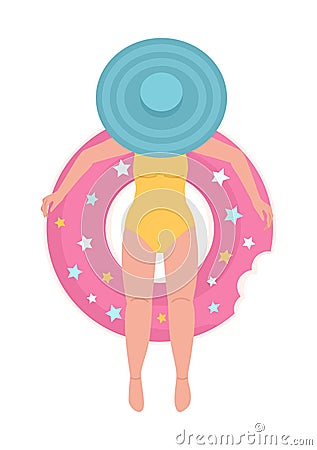 Lady in hat lying on inflatable donut ring semi flat color vector character Vector Illustration