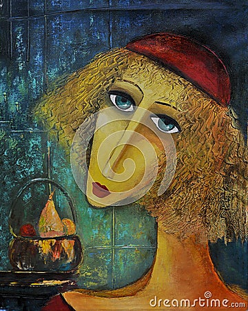 The lady in the hat. the picture painted in a surreal style. picture of a girl with blue eyes Stock Photo