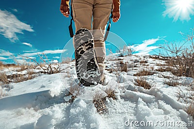 Lady hiker goes uphill at snowy surface Stock Photo