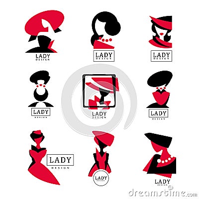 Lady logo design set, vector Illustrations for fashion boutique, womens clothing store, shop, beauty salon, cosmetic Vector Illustration