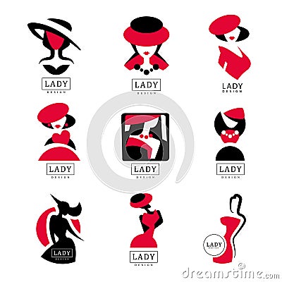 Lady logo design set, vector Illustrations for fashion boutique, womens clothing store, shop, beauty salon, cosmetic Vector Illustration