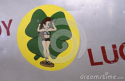 Lady Luck insignia from a WWII bomber, Hangar 4, Pima Air & Space Museum, Tucson, Arizona, USA Editorial Stock Photo