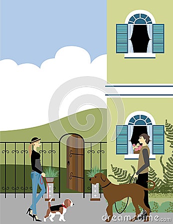 Lady and man walking dogs Vector Illustration