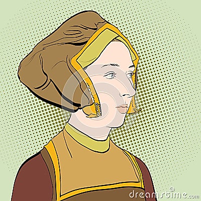 Woman`s portrate. Lady in medieval dress. Medieval legend. Medieval woman. Vector Illustration