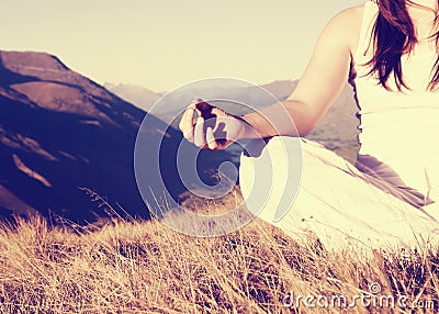 Lady Meditating Lotus Position Top Mountain Concept Stock Photo