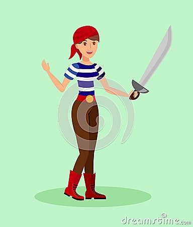 Lady Pirate with Sword Flat Color Illustration Vector Illustration