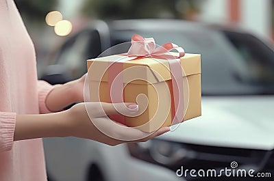 Lady presents automobile. Generate AI Stock Photo