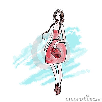 Lady in red dress on the background of watercolor strokes. Vector fashion illustration, isolated on white background. Vector Illustration