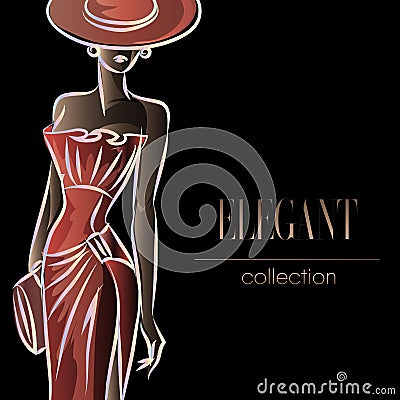 Lady in red, fashion woman silhouette, beautiful fashion model on black background logo illustration Cartoon Illustration