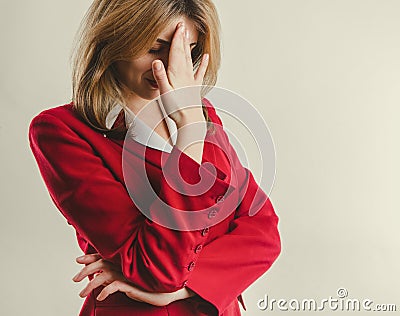 Lady in red jacket failure Stock Photo