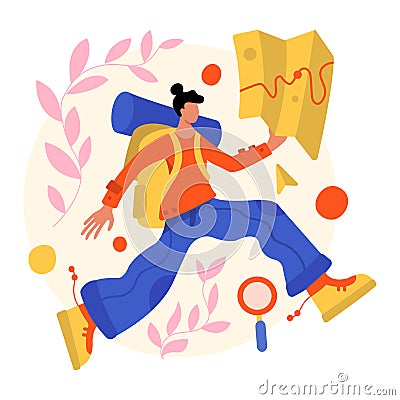 Lady running with map, searching for right way. Finding route while traveling Vector Illustration