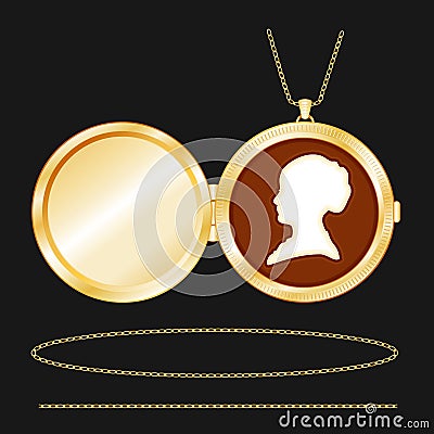 Lady's Cameo, Gold Locket and Chains Vector Illustration