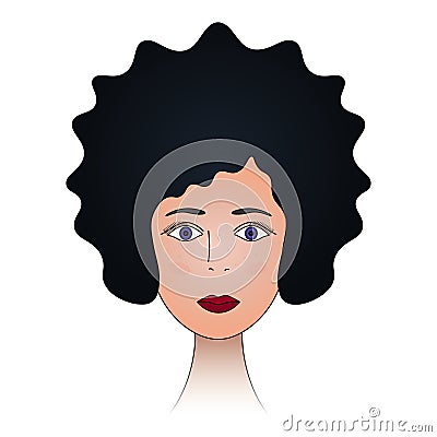 Lady`s face. Black hair, violet eyes. The head of the girl in full face. Colored vector illustration. Hairstyle short curls. Vector Illustration