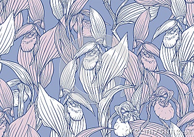 Lady's slipper orchid. Cypripedioideae. Seamless pattern, background. Vector Illustration