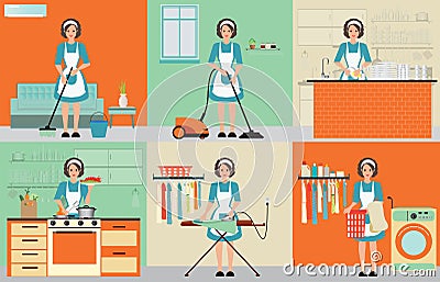 Lady set of housewife cleaning. Vector Illustration