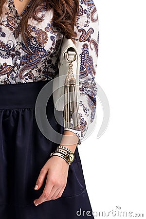 Lady in shirt with handbag. Stock Photo