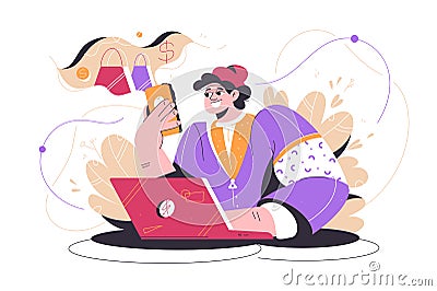 Lady shopping online via smartphone Vector Illustration