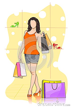 Lady shopping in Shoe store Vector Illustration
