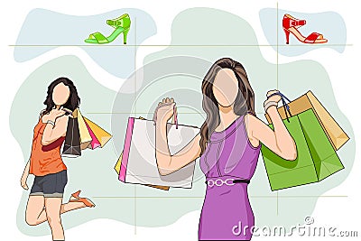 Lady shopping in Shoe store Vector Illustration