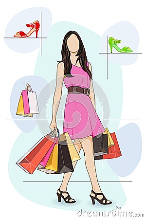 Lady shopping in Shoe store Vector Illustration