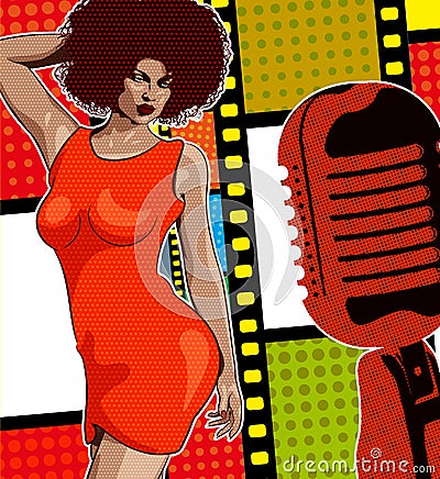 Lady singer soul music, red dress. Retro mic and vinyl on the background. Vector image Vector Illustration